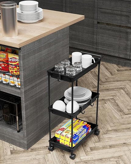 SimpleHouseware Standard 3-Tier Slim Rolling Storage Cart, Black - LeafyLoom