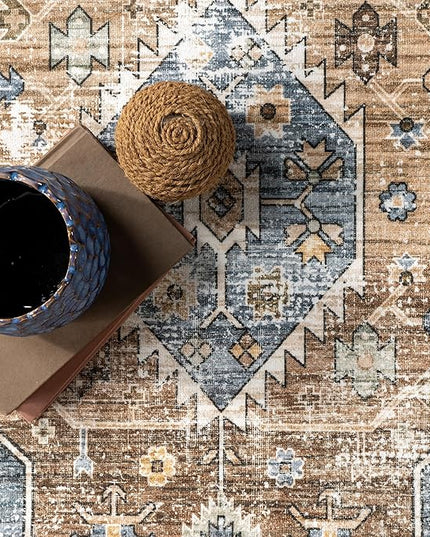 nuLOOM Gracie Distressed Medallion Machine Washable Ultra Thin Area Rug, 5x8, Blue - LeafyLoom