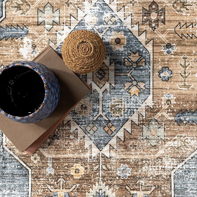 nuLOOM Gracie Distressed Medallion Machine Washable Ultra Thin Area Rug, 5x8, Blue - LeafyLoom
