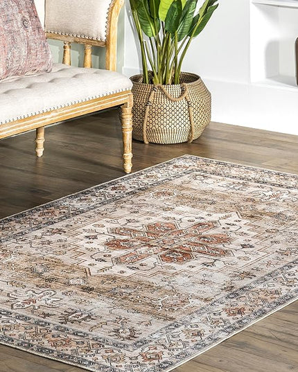 nuLOOM Dawson Machine Washable Distressed Medallion Ultra Thin Area Rug, 5' x 8', Beige - LeafyLoom