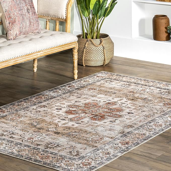 nuLOOM Dawson Machine Washable Distressed Medallion Ultra Thin Area Rug, 5' x 8', Beige - LeafyLoom