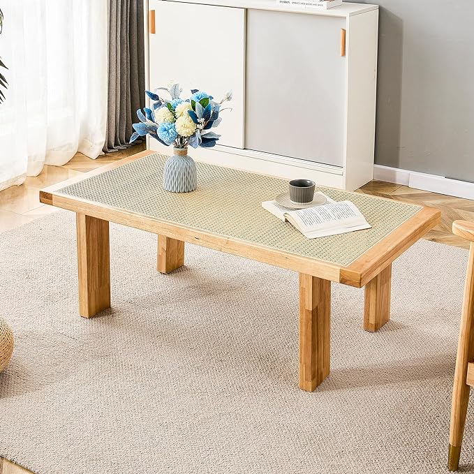 47.24'' Modern Rattan Coffee Table Imitation Rattan Tabletop with Rubber Wooden Legs Rectangle Coffee Tea Table for Living Room Dining Room - LeafyLoom