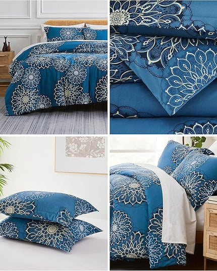 Southshore Fine Living, Inc. Oversized King Comforter Bedding Set, Down Alternative Boho Bedspread, Paisley Floral Comforter, King/California King with 2 Matching Shams, Midnight Floral Blue - LeafyLoom