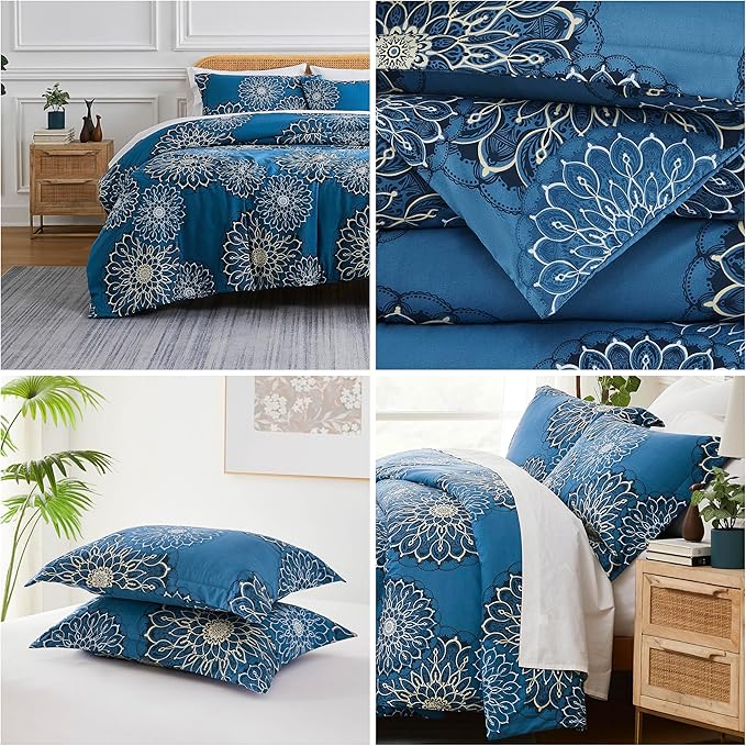 Southshore Fine Living, Inc. Oversized King Comforter Bedding Set, Down Alternative Boho Bedspread, Paisley Floral Comforter, King/California King with 2 Matching Shams, Midnight Floral Blue - LeafyLoom