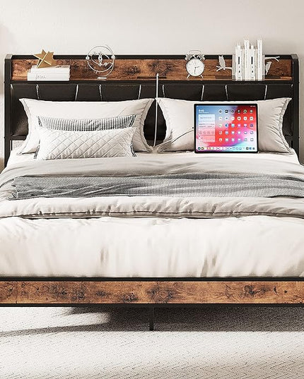 LIKIMIO Queen Bed Frame, Storage Headboard with Charging Station, Solid and Stable, Noise Free, No Box Spring Needed, Easy Assembly (Vintage and Black) - LeafyLoom