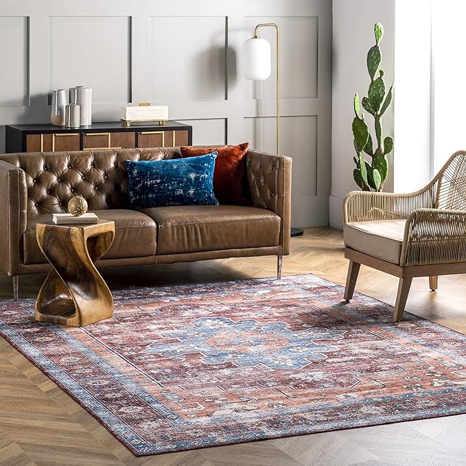 nuLOOM Zena Medallion Machine Washable Ultra Thin Area Rug, 6', Rust - LeafyLoom