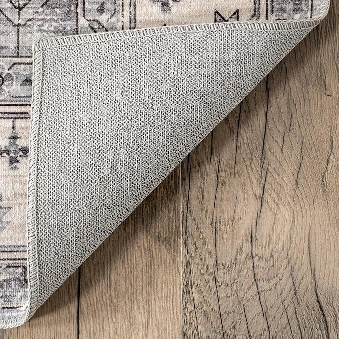 nuLOOM 4x6 Machine Washable Rain Haven Vintage Medallion Area Rug, Light Grey, Traditional Faded Design, Non-Slip Backing, Stain Resistant, For Bedroom, Dining Room, Living Room, Kitchen - LeafyLoom