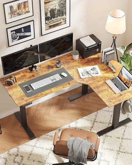 BANTI Triple Motors 63" L Shaped Standing Desk Height Adjustable, Electric Stand up Corner Desk, Sit Stand Home Office Desk Computer Workstation with Memory Preset, Rustic Brown Top - LeafyLoom
