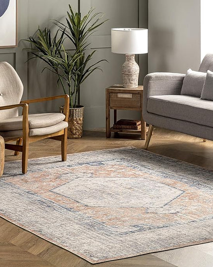 nuLOOM 6x9 Machine Washable Rain Haven Vintage Medallion Area Rug, Peach, Traditional Faded Design, Non-Slip Backing, Stain Resistant, For Bedroom, Dining Room, Living Room, Kitchen - LeafyLoom