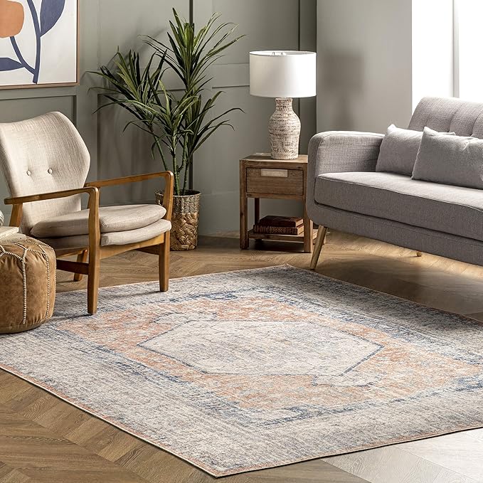 nuLOOM 6x9 Machine Washable Rain Haven Vintage Medallion Area Rug, Peach, Traditional Faded Design, Non-Slip Backing, Stain Resistant, For Bedroom, Dining Room, Living Room, Kitchen - LeafyLoom
