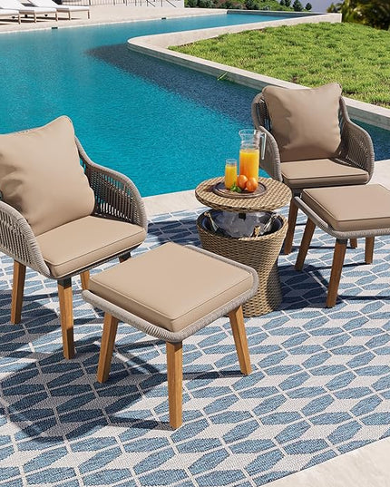 5-Pieces Outdoor Furniture Bistro Set with Wicker Cool Bar Table, Rope Weaving Patio Chairs and Ottomans for Porch Backyard Balcony Poolside, Onesize, Brown - LeafyLoom