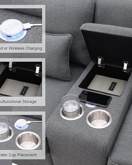 114.2" Linen Upholstered Sofa with Consoleand 2 USB Ports Wired or Wirelessly Charged,Modern 4-Seat Couches W/ 4 Pillows and Two Cupholders,for Living Room,Apartment,Dark Grey - LeafyLoom