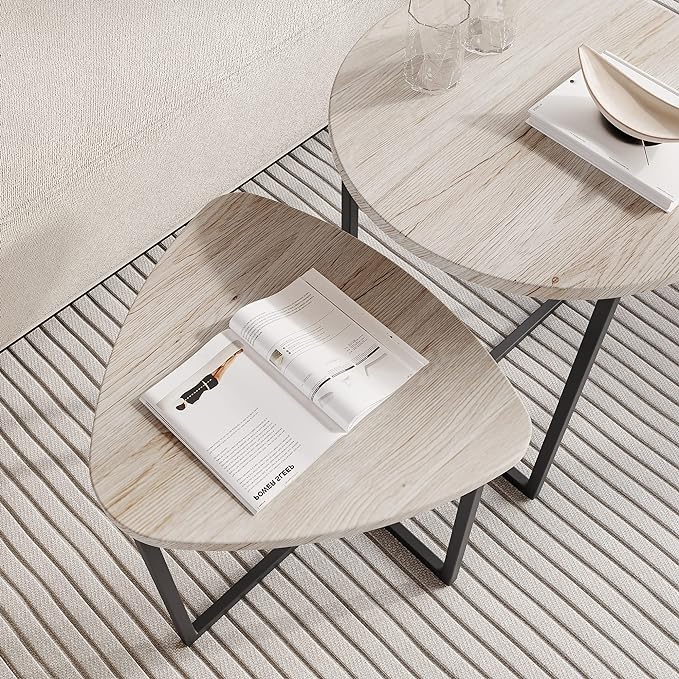 Round Coffee Table Set of 2 End Tables for Living Room,Black Small Coffee Table Living Room Table,Metal Frame & Wood Look,Sturdy and Easy Assembly,Stacking Side Tables Bedroom,White - LeafyLoom