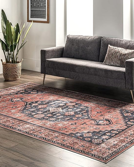 nuLOOM Medallion Bordered Machine Washable Ultra Thin Area Rug, 9' x 12', Rust - LeafyLoom