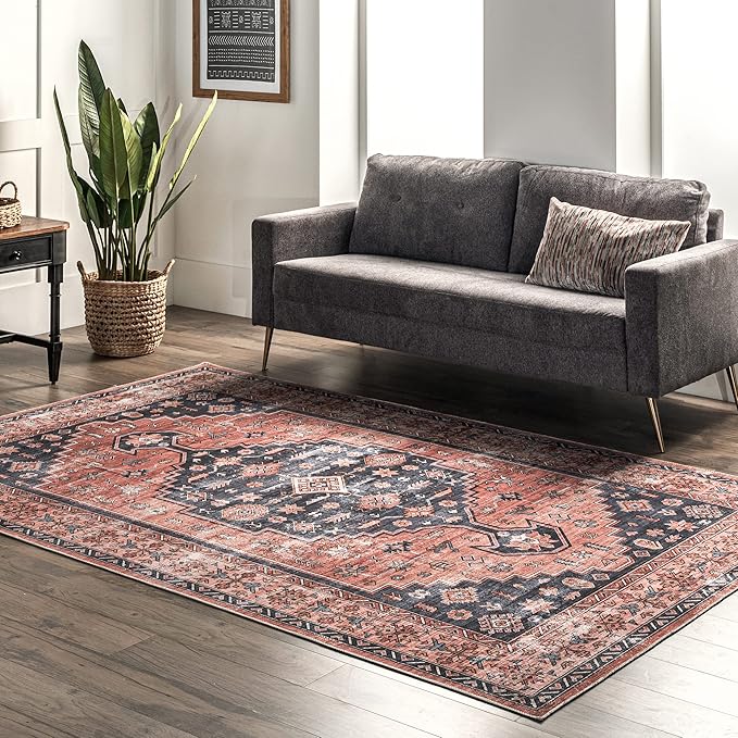 nuLOOM Medallion Bordered Machine Washable Ultra Thin Area Rug, 9' x 12', Rust - LeafyLoom