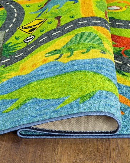 KC Cubs Playtime Collection Dinosaur Dino Safari Road Map Educational Learning & Game Area Rug Carpet for Kids and Children Bedrooms and Playroom (8'2" x 9'10") - LeafyLoom