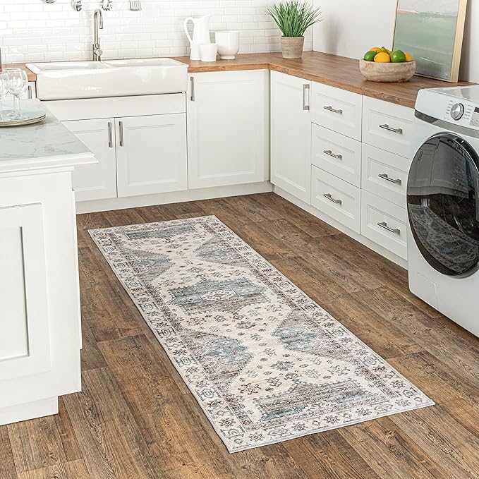 nuLOOM Emani Machine Washable Medallion Ultra Thin Runner Rug, 2' 6" x 8', Beige - LeafyLoom