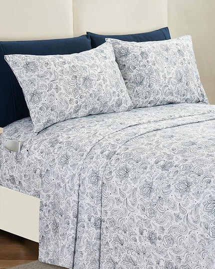 Elegant Comfort Softest and Coziest 4-Piece Sheet Set - 1500 Premium Hotel Quality Microfiber - Deep Pocket, Wrinkle Resistant 4-Piece Paisley Pattern Bed Sheet Set, Twin, Paisley Navy - LeafyLoom