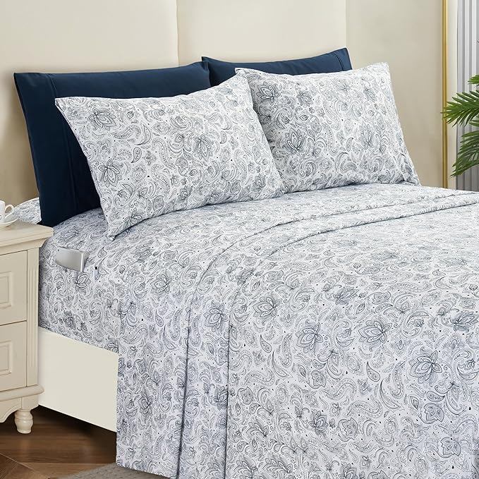 Elegant Comfort Softest and Coziest 4-Piece Sheet Set - 1500 Premium Hotel Quality Microfiber - Deep Pocket, Wrinkle Resistant 4-Piece Paisley Pattern Bed Sheet Set, Twin, Paisley Navy - LeafyLoom