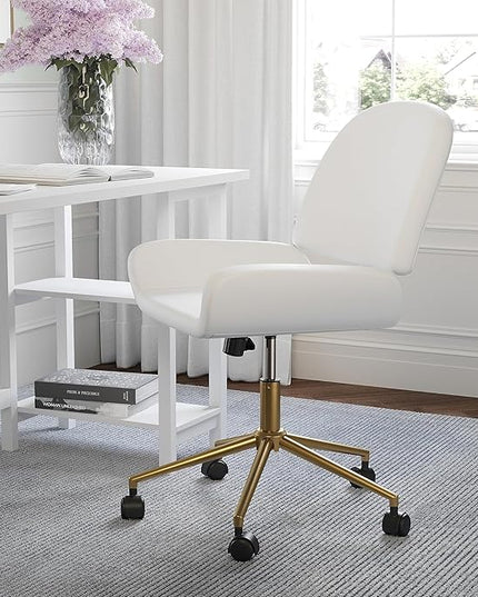 Martha Stewart Tyla Armless Swivel Task Chair for Home Office in White Faux Leather with Polished Brass Frame - LeafyLoom
