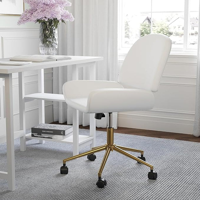 Martha Stewart Tyla Armless Swivel Task Chair for Home Office in White Faux Leather with Polished Brass Frame - LeafyLoom