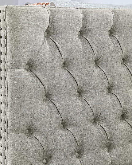 Full Size Upholstered Daybed, Pull Out with Two Storage Drawers, Solid Wood Frame Bed, Tufted Buttons and Copper Nails On Square Arms, for Bedrooms,Apartments - LeafyLoom