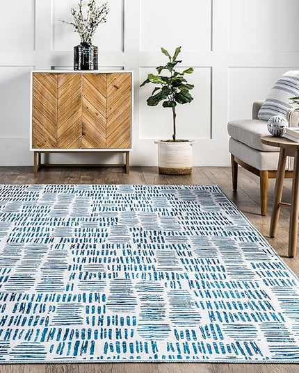 nuLOOM Mitzi Abstract Lines Machine Washable Ultra Thin Area Rug, 8' x 10', Blue - LeafyLoom