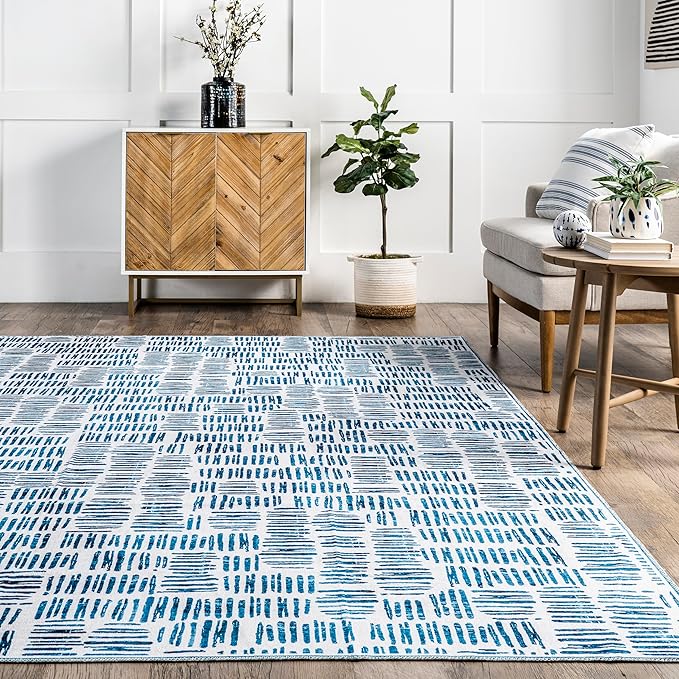 nuLOOM Mitzi Abstract Lines Machine Washable Ultra Thin Area Rug, 8' x 10', Blue - LeafyLoom