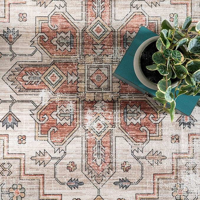 nuLOOM Dawson Machine Washable Distressed Medallion Ultra Thin Area Rug, 5' x 8', Beige - LeafyLoom