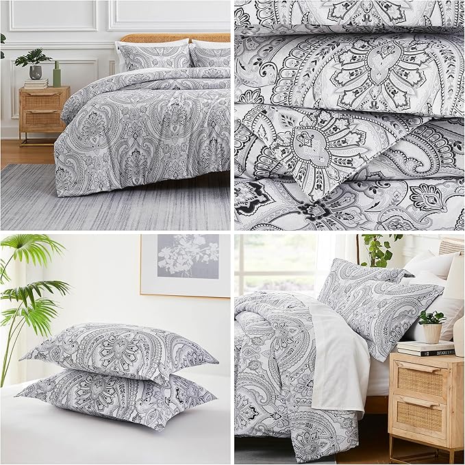 Southshore Fine Living, Inc. Oversized Twin Comforter Bedding Set, Down Alternative Boho Bedspread, Paisley Print Comforter, Twin or Twin XL Comforter with Matching Sham, Pure Melody Black - LeafyLoom