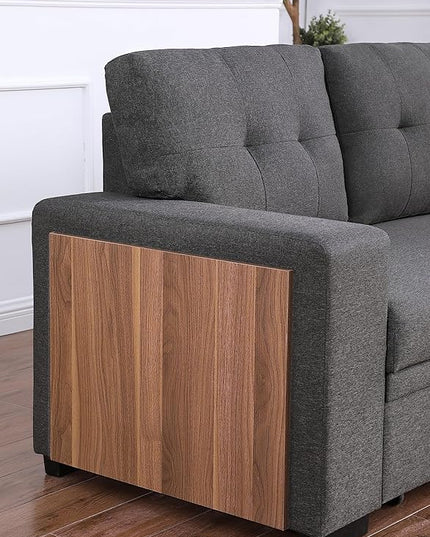 92" Sleeper Couch with Storage Chaise,L-Shape Sectional Pull Bed W/USB & Cup Holder,Built-in Wood Shelf Armrest,3 Seat Linen Convertible Sofas for Living Room Office Flats,Dark Gray - LeafyLoom