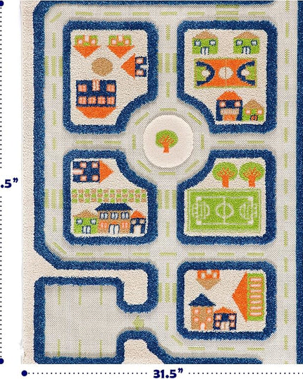 IVI Thick 3D Childrens Play Mat & Rug in A Colorful Town Design for Kids with Soccer Field, Car Park & Roads, Blue, 32 x 45 inches - LeafyLoom