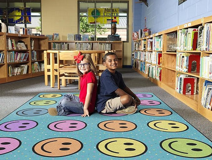 Flagship Carpets Smiley Seating (Seats 24) Classroom Area Rug or Educational Learning Mat, Kids Room or Playroom Carpet, 7'6'' x 12', Blue/Multi (FA2393-44FS) - LeafyLoom