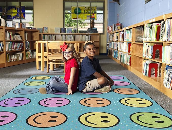 Flagship Carpets Smiley Seating (Seats 24) Classroom Area Rug or Educational Learning Mat, Kids Room or Playroom Carpet, 7'6'' x 12', Blue/Multi (FA2393-44FS) - LeafyLoom