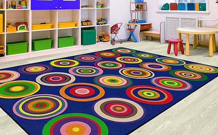 Flagship Carpets Color Rings Colorful Children's Area Rug for Kids Room Circle Seating Décor, Play Carpet for Teaching and Playing, Seats 24, 7'6" x 12', Indigo Blue - LeafyLoom