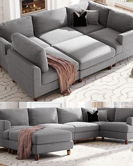 Free Combination Oversized Modular Sectional Sofa with Movable Ottomans, L/U Shaped Reversible Corner Couch,6 Seater Corduroy Upholstered Sofa&Couch Convertible Sleeper Sofabed for Living Room - LeafyLoom