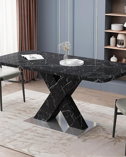 NicBex 62.99Inch Expandable Dining Table,Modern Kitchen Table with White Marble Tabletop and MDF White X-Shape Legs for 6 to 8,Large Dining Room Table for Kitchen,Meeting Room and Living Room,Black - LeafyLoom