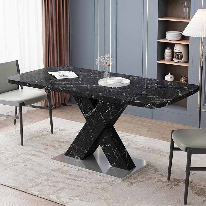 NicBex 62.99Inch Expandable Dining Table,Modern Kitchen Table with White Marble Tabletop and MDF White X-Shape Legs for 6 to 8,Large Dining Room Table for Kitchen,Meeting Room and Living Room,Black - LeafyLoom