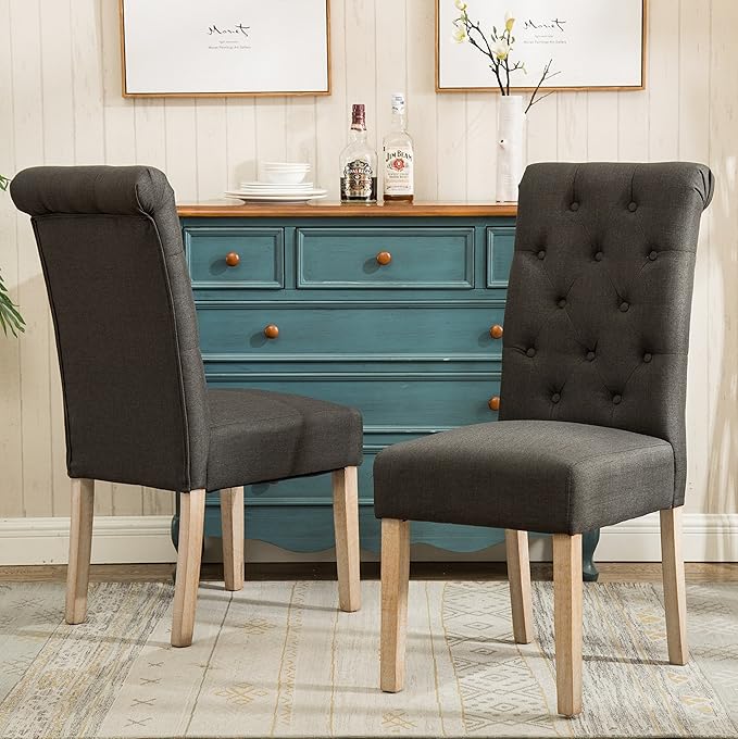 Roundhill Furniture Habit Solid Wood Tufted Parsons Charcoal Dining Chair, Set of 2 - LeafyLoom