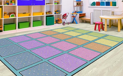 Flagship Carpets Happy Squares Educational Area Rug for Kids Room Seating Décor, Children's Classroom, Play Carpet for Teaching and Playroom, Seats 24, 7'6"x12', Blue & Multi Color - LeafyLoom