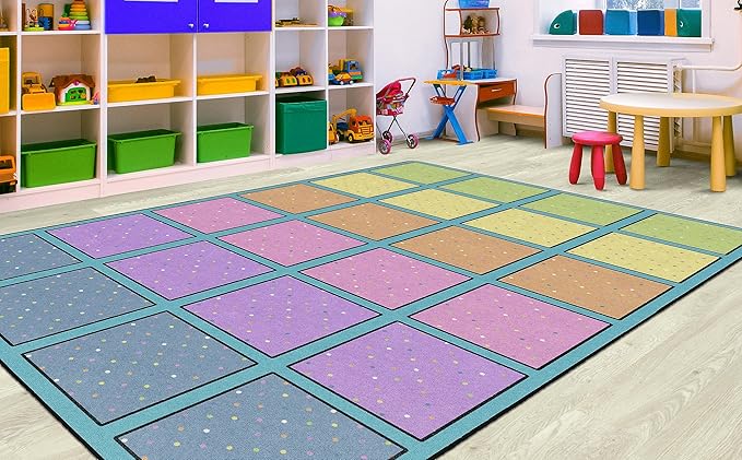 Flagship Carpets Happy Squares Educational Area Rug for Kids Room Seating Décor, Children's Classroom, Play Carpet for Teaching and Playroom, Seats 24, 7'6"x12', Blue & Multi Color - LeafyLoom