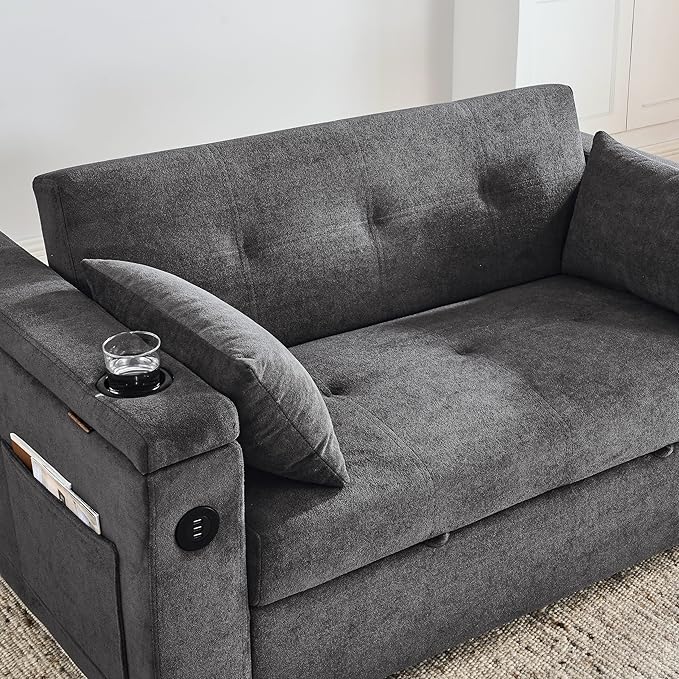 4 in 1 Multifunctional Convertible Loveseat Sleeper Sofa Bed,Soft Chenille Tufted Love Seats Sofabed W/Pull Out Sleep Couch,Armrests Storage,Cupholders,USB Ports,Pillows and Side Pockets - LeafyLoom