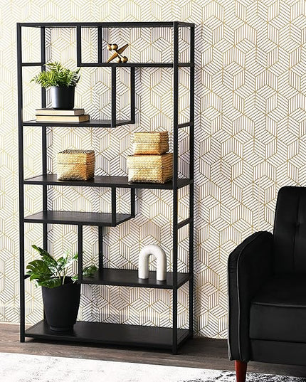 Household Essentials Black Oak Geometric Tall Open Book Shelf | Mid Century Modern Shelves - LeafyLoom
