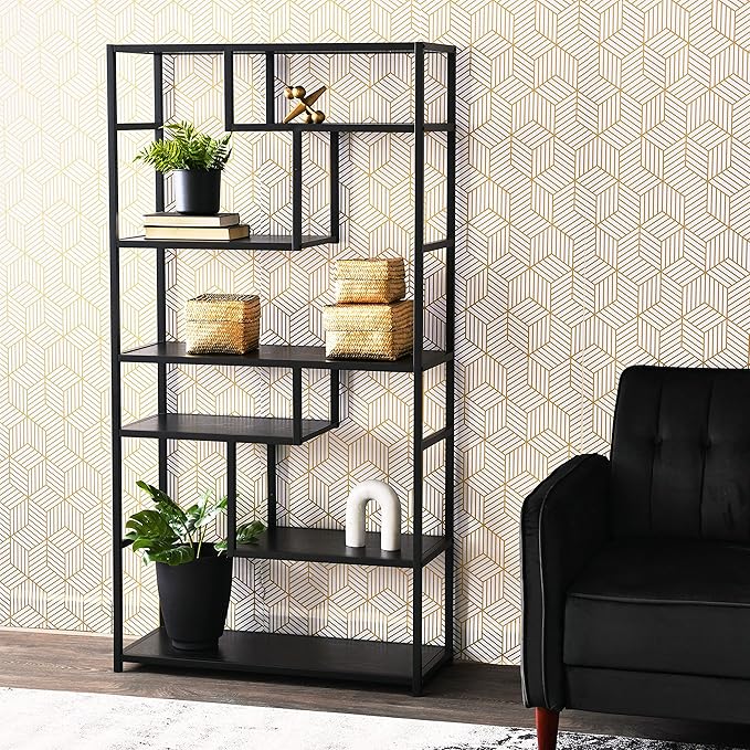 Household Essentials Black Oak Geometric Tall Open Book Shelf | Mid Century Modern Shelves - LeafyLoom