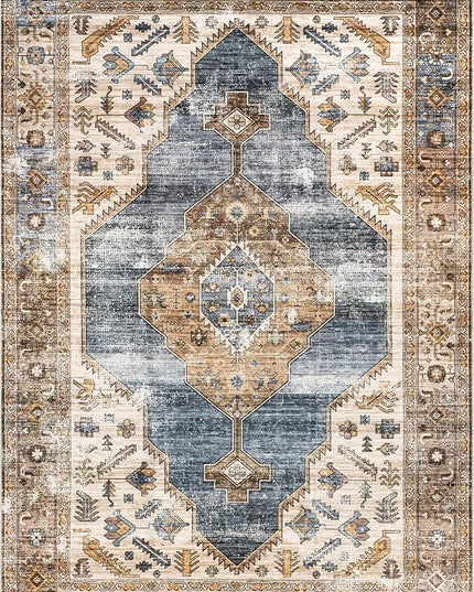 nuLOOM Gracie Distressed Medallion Machine Washable Ultra Thin Area Rug, 5x8, Blue - LeafyLoom