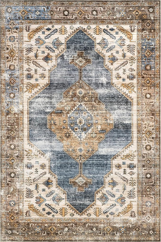 nuLOOM Gracie Distressed Medallion Machine Washable Ultra Thin Area Rug, 5x8, Blue - LeafyLoom