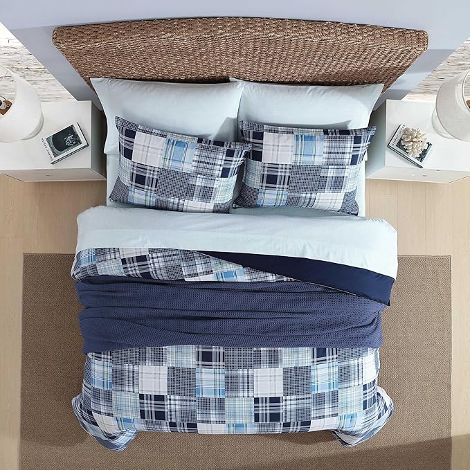 Nautica - King Comforter Set, Soft Cotton Bedding with Matching Shams, Patchwork Inspired Home Decor (Mason Blue, King) - LeafyLoom