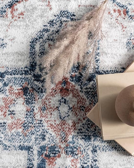 nuLOOM Evette Traditional Medallion Machine Washable Ultra Thin Area Rug, 5' x 8', Navy - LeafyLoom
