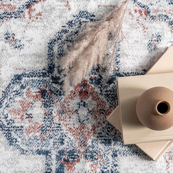 nuLOOM Evette Traditional Medallion Machine Washable Ultra Thin Area Rug, 5' x 8', Navy - LeafyLoom