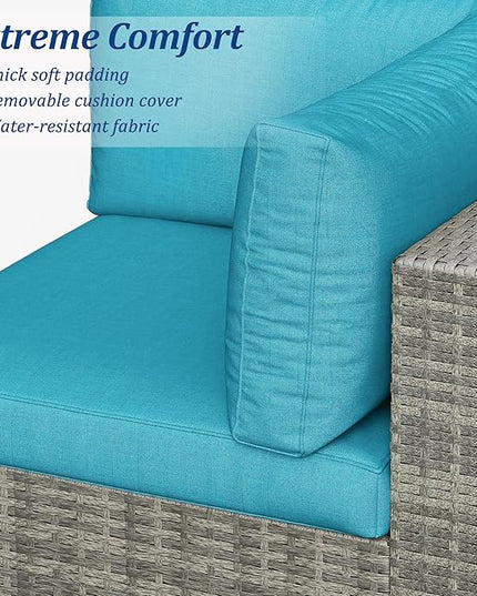 SUNVIVI OUTDOOR 7 Piece Patio Furniture Sets All Weather Grey PE Wicker Couch Sofa with Glass Table, Removable Blue Cushions - LeafyLoom